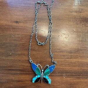 Sterling Silver Butterfly Green Malachite Blue Lapis Lazuli Turquoise Inlay Neck